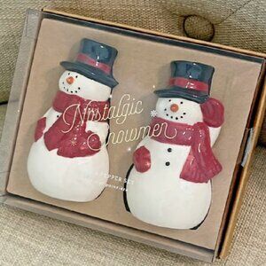NEW Pottery Barn Nostalgic Snowmen Ceramic Salt + Pepper Shakers | Christmas Set